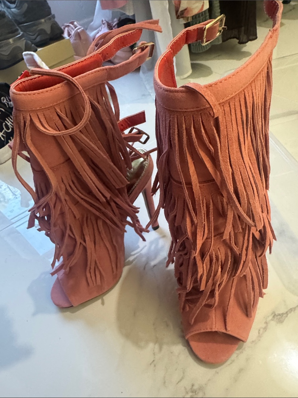 Liliana Coral Fringe Peep-Toe Stiletto Sandals never worn
